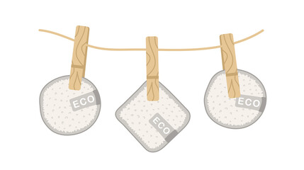 Reusable cotton pads dried on rope after washing. Organic makeup remover wipe. Eco friendly products for skin care. Zero waste concept. Save the planet. Vector illustration in flat cartoon style. © KeronnArt