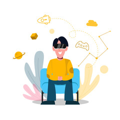 A Young man with funy virtual reality VR headset. People vector illustration.

