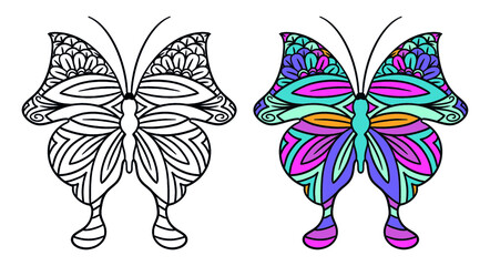 Hand drawn butterfly coloring page for adults line art outline print design
