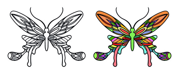 Hand drawn butterfly coloring page for adults line art outline print design