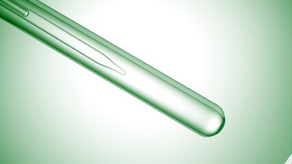 Inclined test tube with transparent liquid and lab dropper inside on green radial gradient background | Abstract body care cosmetics formulation concept