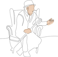Continuous one line drawing of outline of mature man in a bathrobe sitting in an armchair and using a smartphone isolated on white background. Vector illustration