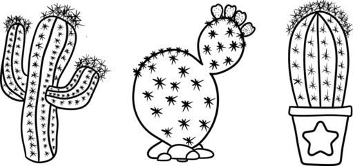 Hand drawn cactus coloring page for kids line art outline print design
