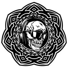 Abstract vector illustration black and white dj skull with headphones and sunglasses on round ornament. Design for tattoo or print t shirt.