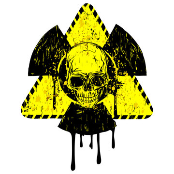 Vector illustration yellow old dirty triangle radiation sign and abstract skull