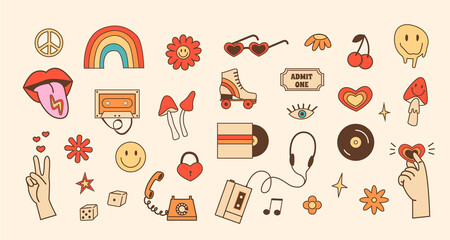 Retro set of stickers with 70s 80s style elements. Cartoon daisy flower with smiley face. Old fashioned roller skate, music devices and hand gestures. Hippie vintage outline color icons. Vector.