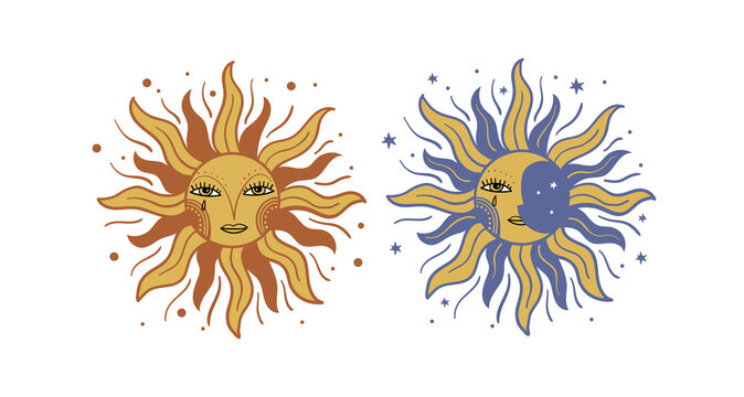 Sun and moon with face and rays, vintage engraving stylization, Slavic design. Boho tattoo, heavenly mystical symbol for tarot, astrology, fortune telling. Full color vector print, flat illustration.