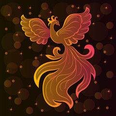 Silhouette of charming magic bird in orange-pink hues on a dark brown background with stars and transparent circles