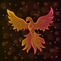 Silhouette of charming phoenix in orange-pink hues on a dark brown background with stars and transparent circles