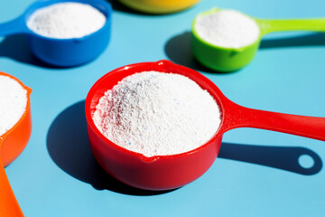 Detergent powder with measuring spoon for clothes washing. Laundry concept.