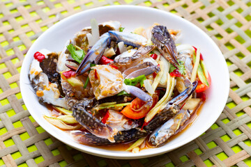 spicy green mango salad with blue crab