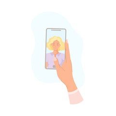 Hand Holding Smartphone Recording Video with Camera Filming Picture of Young Female on Screen Vector Illustration