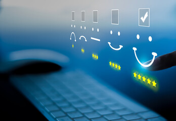 Businesswoman pressing face emoticon on virtual touch screen at laptop. Customer Service Excellence...