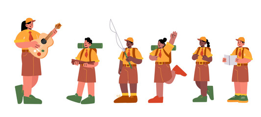 Fototapeta premium Kids scouts and teacher hiking to camp. Vector flat illustration of children in uniform with tie, boys and girls with backpacks, fishing rod, firewood, and map and woman with guitar