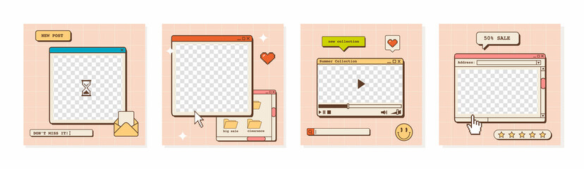 Set of ig post templates with old computer user interface. Nostalgic design for social media square posters. Retro 80s 90s aesthetic backdrops, groovy vaporwave style backgrounds. Vector illustration. - obrazy, fototapety, plakaty
