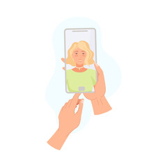 Hand Holding Smartphone Recording Video with Camera Filming Picture of Young Female on Screen Vector Illustration