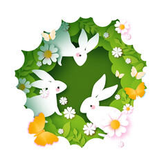 Happy Easter greetings card with Cute white rabbits in paper cut style. Bunny, flowers and butterfly. Spring holidays in modern style.