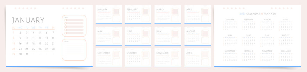2023 year calendar template with notes and to do list. Vector planner organizer with tasks and notes space. - obrazy, fototapety, plakaty