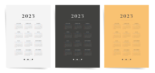 Set of 2023 year modern business calendars. Vector calendars card. English, Week starts on Sunday. Grid planner. 