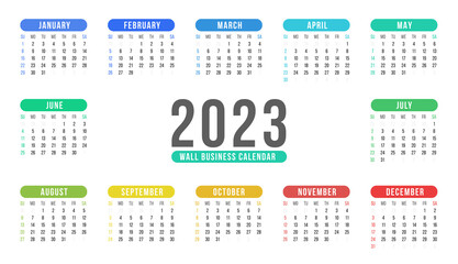 2023 one page calendar for 12 months. Business calendar vector colorful template.