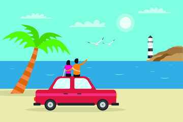 Holiday vector concept. Young couple enjoying beach landscape while sitting together above the car