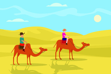 Holiday vector concept. Young couple riding camel on the desert while enjoying holiday together