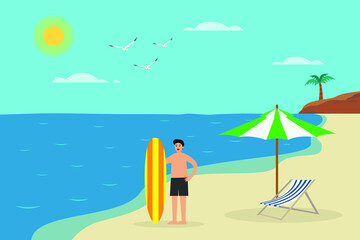 Summer holiday vector concept. Young man holding surfboard while standing in the tropical beach