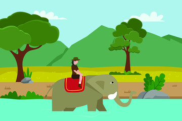 Ecotourism vector concept. Female tour guide riding an elephant on the river while exploring at the forest