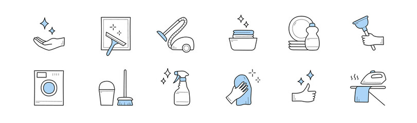 Sketch icons of cleaning service with vacuum cleaner, bucket, broom, spray and washing machine. Vector set of hand drawn signs of professional housework and laundry