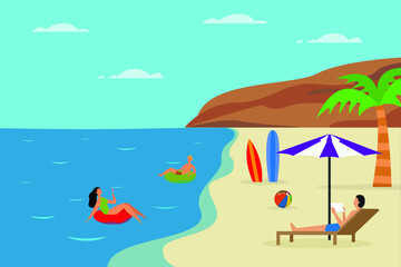 Summer holiday vector concept. Group of young people enjoying summer vacation in the tropical beach