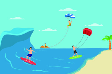 Summer holiday vector concept. Group of young people surfing in the beach while enjoying summer holiday