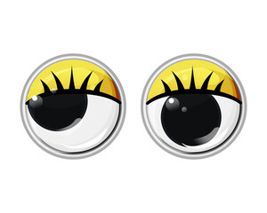 Plastic eyes with eyelashes and yellow eyelids. Vector cartoon illustration on a white isolated background