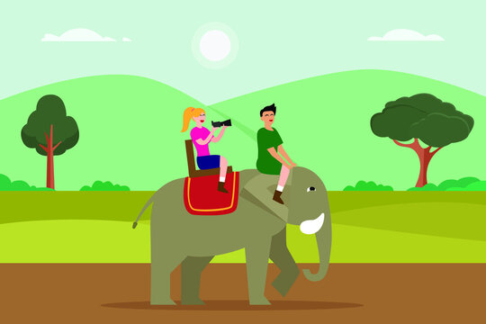 Ecotourism vector concept. Female tourist sitting on the elephant with tour guide while taking picture with digital camera