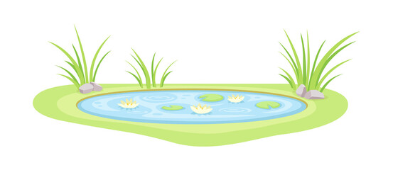 Fototapeta na wymiar Pond Filled with Natural Water and Green Grassy Bank Vector Illustration
