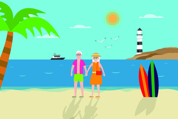 Summer holiday vector concept. Old couple holding hands together while standing on the tropical beach