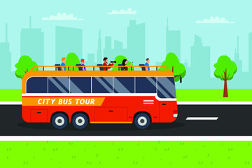 City bus tour vector concept. Passengers having trip with a city bus tour while enjoying sightseeing tour