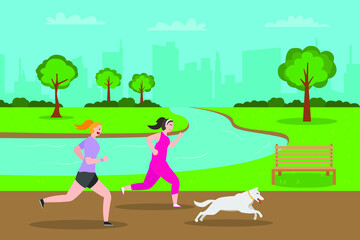 Obraz na płótnie Canvas Sport vector concept. Two young women jogging with their dog at the park while enjoying leisure time