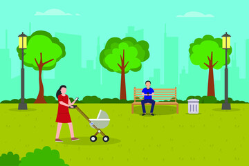 Smartphone addiction vector concept. Young woman using a cellphone at the park while pushing her baby on the stroller