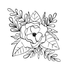 Magnolia flower with leaves. Vector illustration. Black drawing isolated on white background.