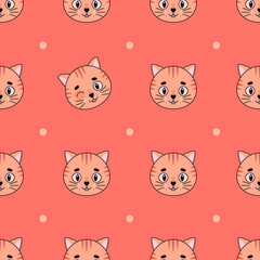 Seamless vector pattern with cute kittens' heads and dots.