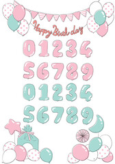 Fototapeta na wymiar Happy birthdayの装飾数字バルーンつき（ピンクブルー）
