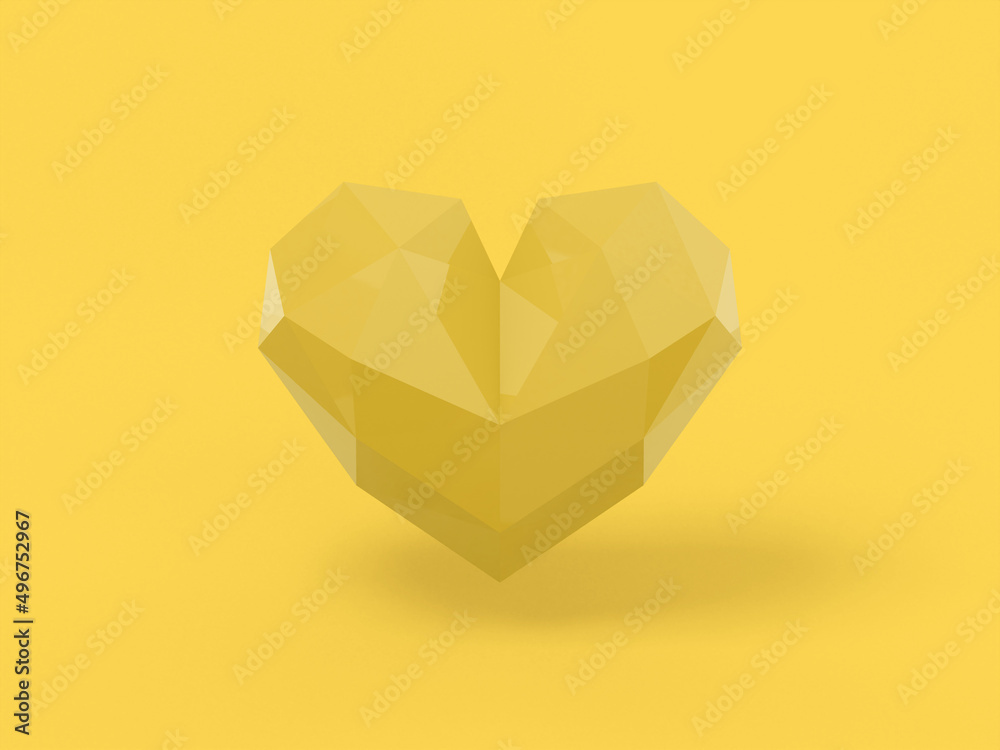 Poster low poly yellow one color heart on yellow flat background. minimalistic design object. 3d rendering 