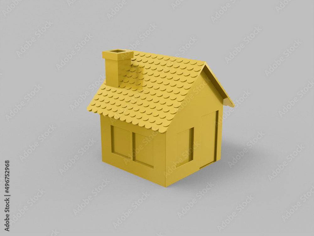 Poster golden mono color house on gray solid background. minimalistic design object. 3d rendering icon ui u