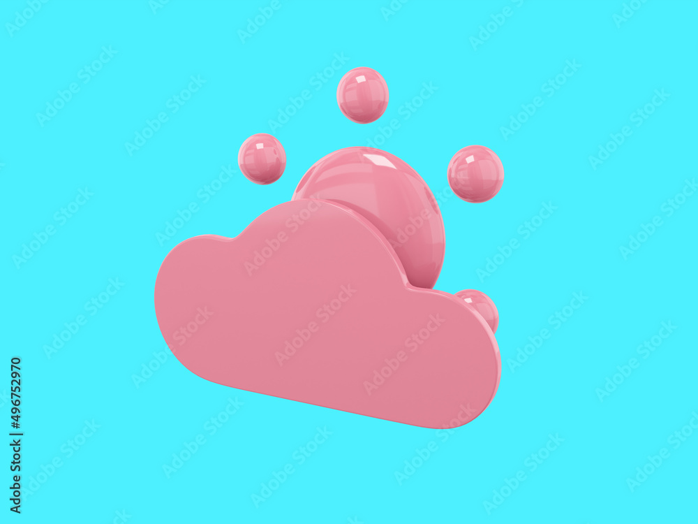 Poster pink single color cartoon sun behind cloud half view on blue monochrome background. minimalistic des