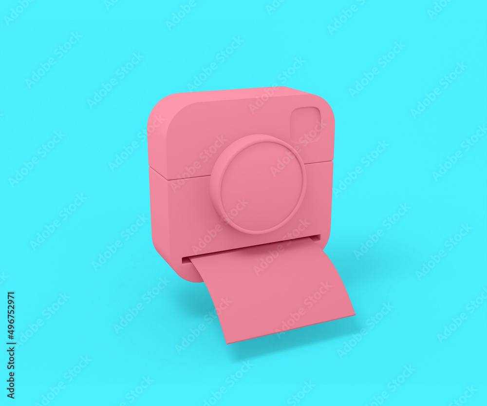 Poster pink camera with instant photos on a blue background. minimalistic design object. 3d rendering icon 