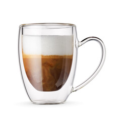 A mug of espresso macchiato coffee isolated on white.