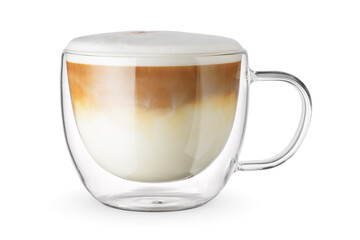 Latte coffee in a transparent glass cup isolated. - obrazy, fototapety, plakaty