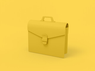 Yellow mono color briefcase on yellow solid background. Minimalistic design object. 3d rendering icon ui ux interface element.