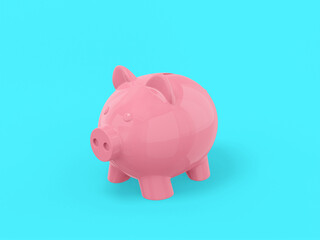 Pink mono color piggy bank on a blue solid background. Minimalistic design object. 3d rendering icon ui ux interface element.