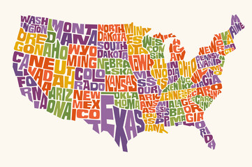 Fototapeta na wymiar United States map with names in the shape of each state. Colorful map design elements for stickers, t-shirts, posters.